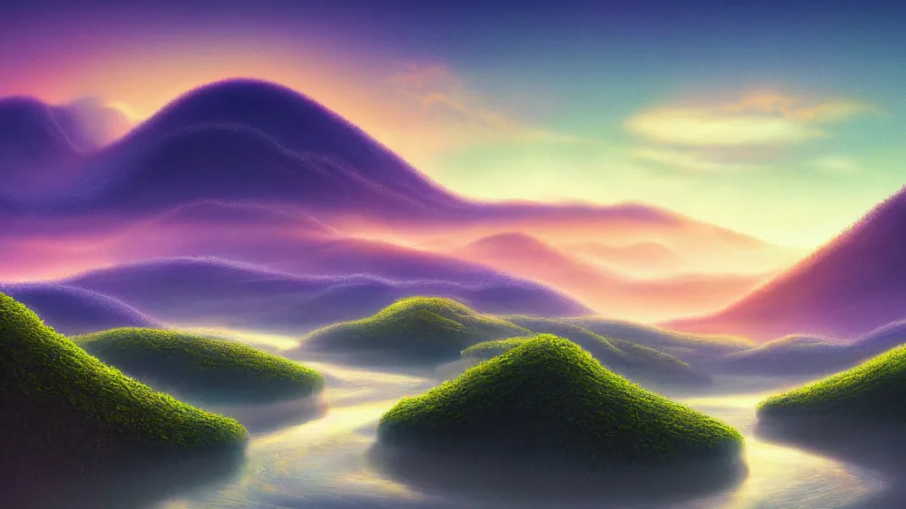 Prompt: digital painting of a lush sinuous river valley by. river. sunset. chiho aoshima. digital render. detailed. beautiful landscape.