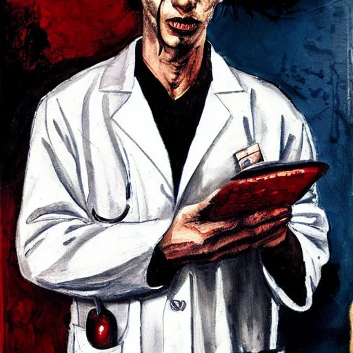 Prompt: a modern painting of a doctor turned vampire, wearing lab coat, in the style of tim bradstreet, sharp focus, realism, intricate detail