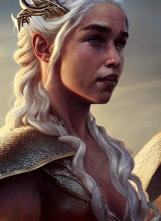 Image similar to An epic fantasy comic book style portrait painting of Daenerys Targaryen and her dragons, Unreal 5, DAZ, hyperrealistic, octane render, cosplay, RPG portrait, dynamic lighting