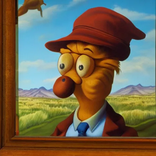 Image similar to surrealist painting of garfield as a farmer, high detail