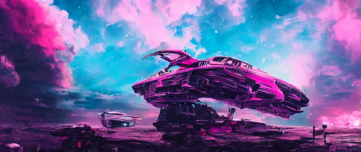 Image similar to portrait big punk, pink, mohawk, space, hyperdetailed illustration, stars, neon, oil painting, rich deep colors masterpiece, ultra detailed, contrast, heaven pink, clouds, volumetric light, atmospheric lighting, pirate neon ship, dramatic, cinematic, moody, octane render 4 k, 8 k