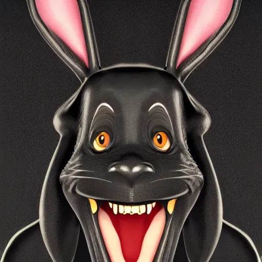 Image similar to A extremely highly detailed majestic hi-res beautiful, highly detailed head and shoulders portrait of a scary terrifying, horrifying, creepy black cartoon rabbit with scary big eyes, earing a shirt laughing, hey buddy, let's be friends, in the style of Walt Disney