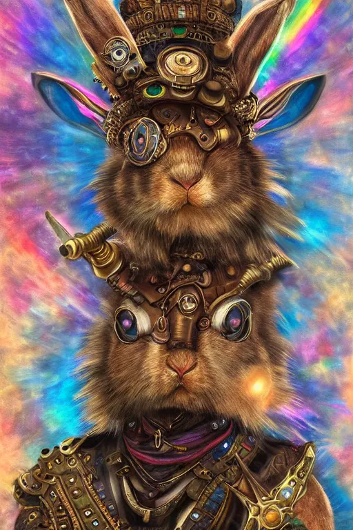 Prompt: ultra realist soft painting of a steampunk rabbit berserker warrior, very intricate details, rainbow lighting, symmetry features