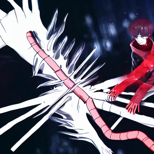 Prompt: kaneki using his centipede kagune to fight jason in tokyo ghoul, still, landscape, hd, dslr, hyper realistic, anime, illustration