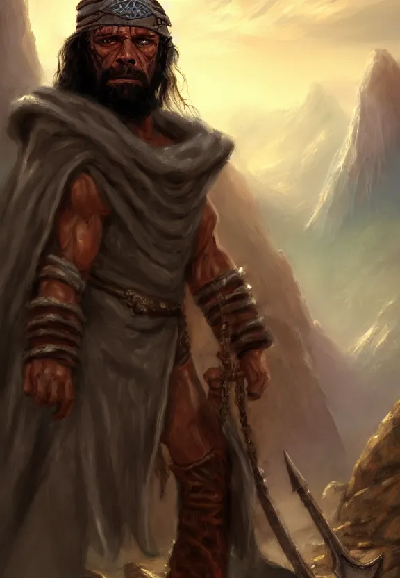 Image similar to a solitary randy savage wearing a heavy shiny cloak with an anchor slung over his shoulder alone in a rocky desolate wasteland | portrait | hd 4 k | fantasy impressionist oil painting | middle earth | pathfinder | artstation | conan | darksun | d & d dungeons and dragons | barbarian