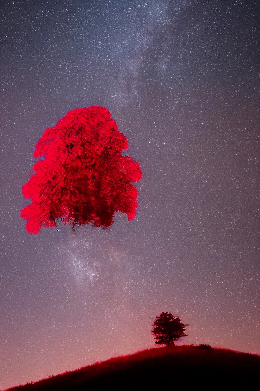 Prompt: a bright red creature next to a tree on a hill at night, 4 k