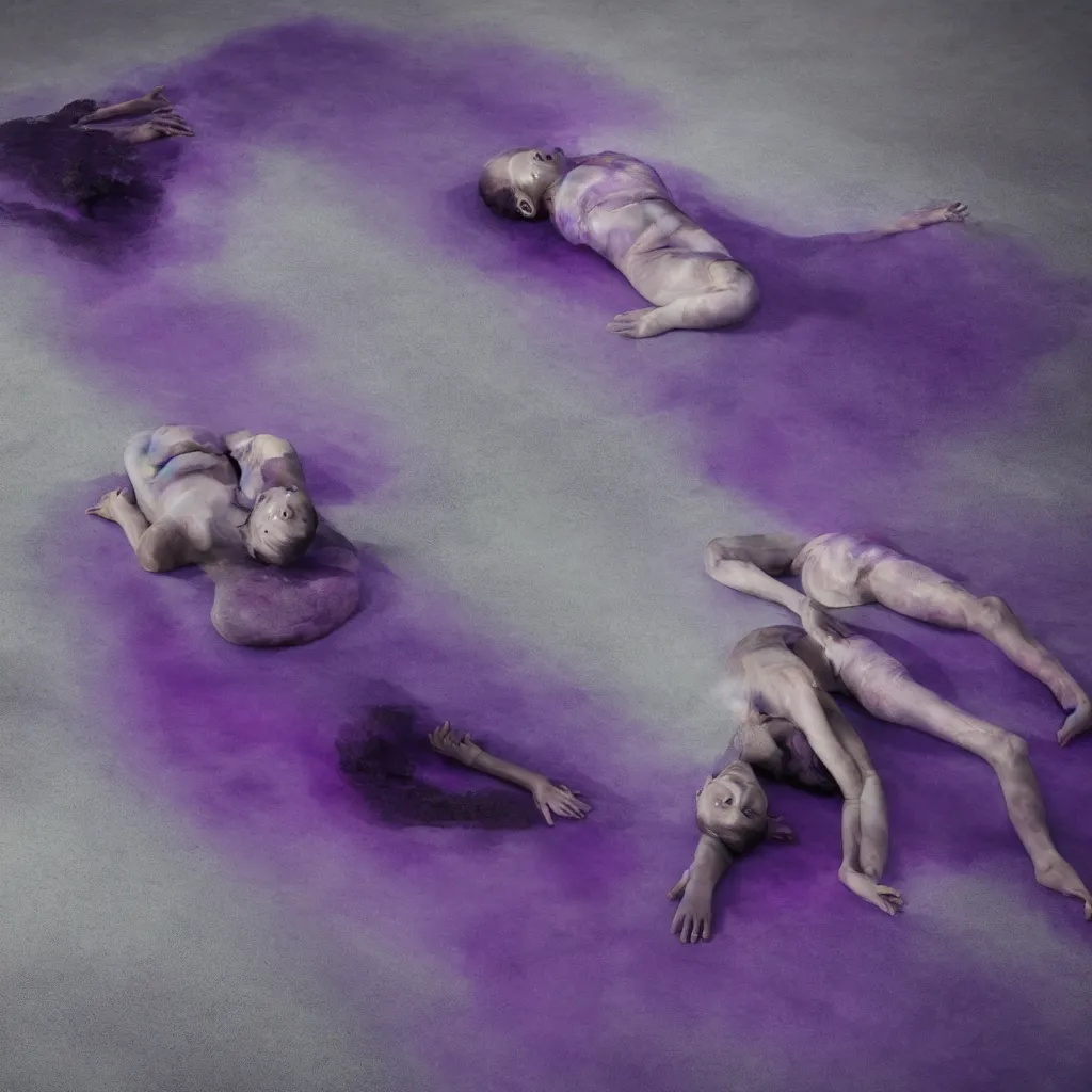 Image similar to iridiscent oil spill with women corpses connected by cables and computers to wax forms to a buried baby relaxing on yoga mat, faded, purple gradient, dust, purple fog, depth of field, by nadav kander and hans bellmer, 8 k, ultrarealistic, sad atmosphere, cinematic, 8 5 mm lens