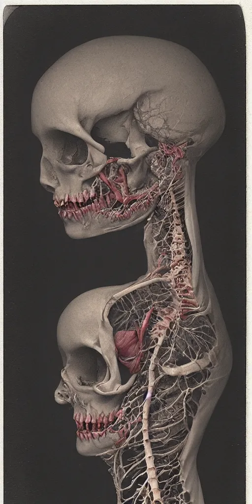 Image similar to an 1 9 1 0 polaroid photography of a very sad and detailed rotten woman corpse with fractal ornate growing around her face muscles, veins, arteries, bones, anatomical, skull, eye, ears, full body, intricate, surreal, ray caesar, john constable, guy denning, dan hillier, black and white