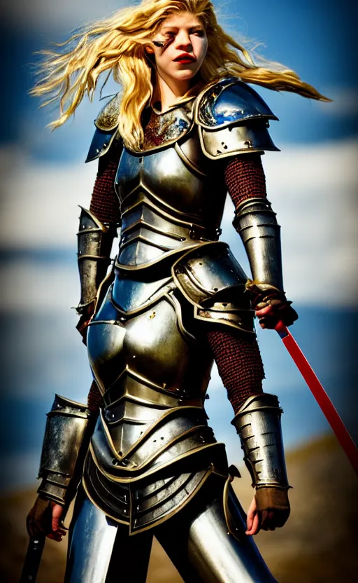 Image similar to katheryn winnick in a knight armor, full plate, fantasy art, realistic drawing, digital, detailed, red lipstick, leather, blood stains, blood dripping, blade, hair in the wind, shiny metal armor, gold, victorious on a hill, battlefield, blue sky, sunshine, lens flare, hard light, full body, sword pointed at sky, severed head