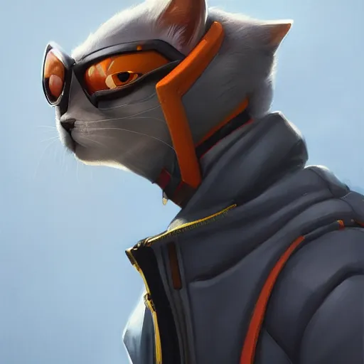 Image similar to Portrait painting an anthropomorphic cat wearing a jacket and a collar, as an Overwatch character, medium shot, asymmetrical, profile picture, Organic Painting, sunny day, Matte Painting, bold shapes, hard edges, street art, trending on artstation, by Huang Guangjian and Gil Elvgren and Sachin Teng