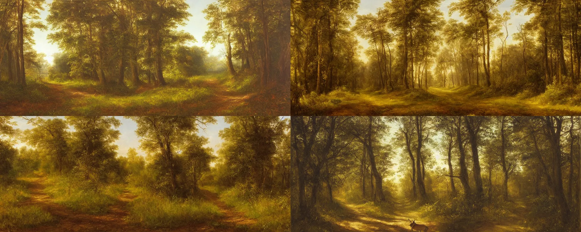 Prompt: oil painting of a path leading to a grassy clearing in a dense forest, where a majestic deer stands, golden hour, morning, soft focus, wide angle, by Ivan Shiskin, american romanticism