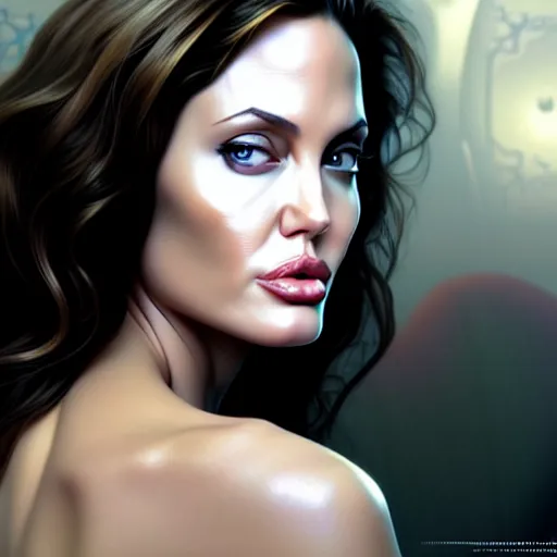 Image similar to beautiful digital painting of angelina jolie background with high detail, 8 k, teen, young, stunning detail, photo by artgerm, greg rutkowski and alphonse mucha, unreal engine 5, 4 k uhd