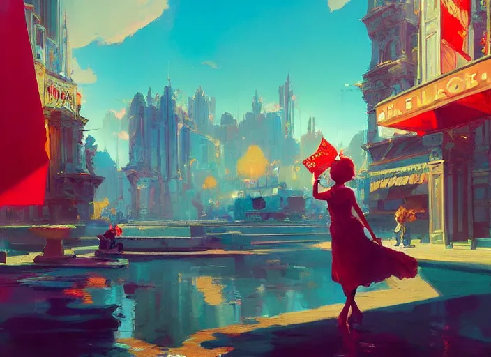 Prompt: gorgeous bright girl waving a red flag over her head dancing through Mandelbrot fractal city by Craig Mullins, ilya kuvshinov, krenz cushart, artgerm trending on artstation by Edward Hopper and Dan Mumford and WLOP and Rutkovsky, Unreal Engine 5, Lumen, Nanite