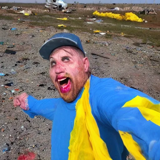 Prompt: last selfie of frightened funny damaged to bones ukrainian bleeding in dirty yellow and blue rags, nuclear rocket explosion at background