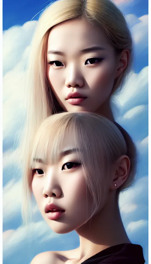 Prompt: photo of a gorgeous blonde young asian girl , searching for eternity, head in the clouds in the style of stefan kostic, realistic, sharp focus, 8k high definition, high fashion, vogue, insanely detailed, intricate, elegant, art by stanley lau and artgerm, sigma 85mm art