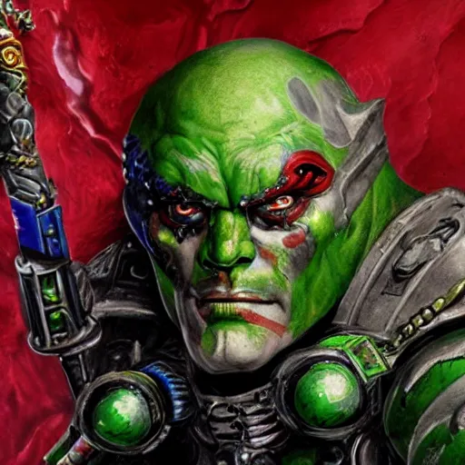 Prompt: Jim Carrey as chaos marine, face visible. epic game portrait. Highly detailed. Warhammer 40k art by Michelangelo