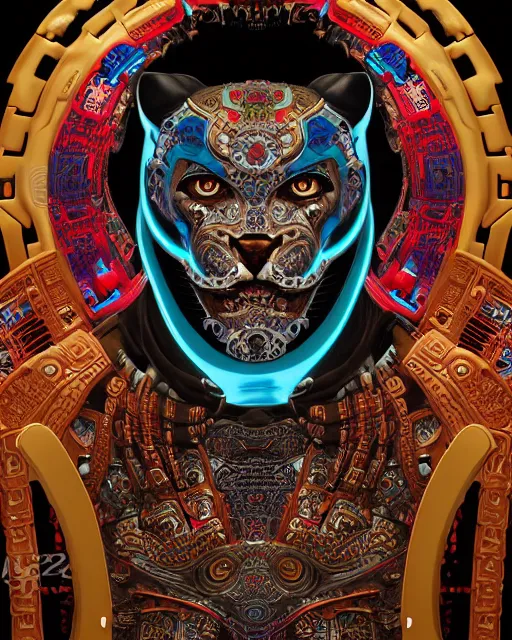 Prompt: portrait of a mayan masculine male cyberpunk jaguar warrior, machine face, upper half portrait, decorated with chinese opera motifs, muscular, asian, fine china, wuxia, traditional chinese art, intricate intense elegant, highly detailed symmetry headpiece digital painting artstation concept art smooth sharp focus illustration, art by moebius and frank miller alphonse mucha 8 k