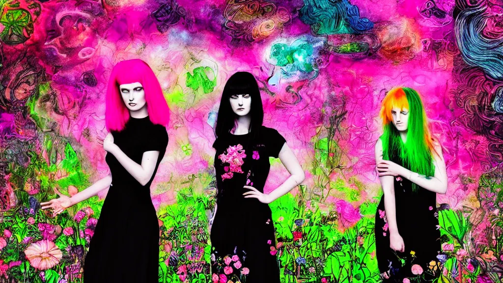 Prompt: photo-realistic portrait of two young women with neon pink hair, wearing a black dress by Vivienne Westwood, standing in a garden full of psychedelic flowers, intricate details, Neoclassical style, black background