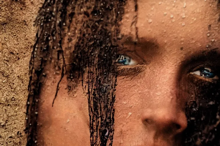 Prompt: a closeup cinematic!! headshot photograph!! of a beautiful female homeless war veteran, stood in a tunnel, rain, dirt, film still, cinematic lighting, by bill henson