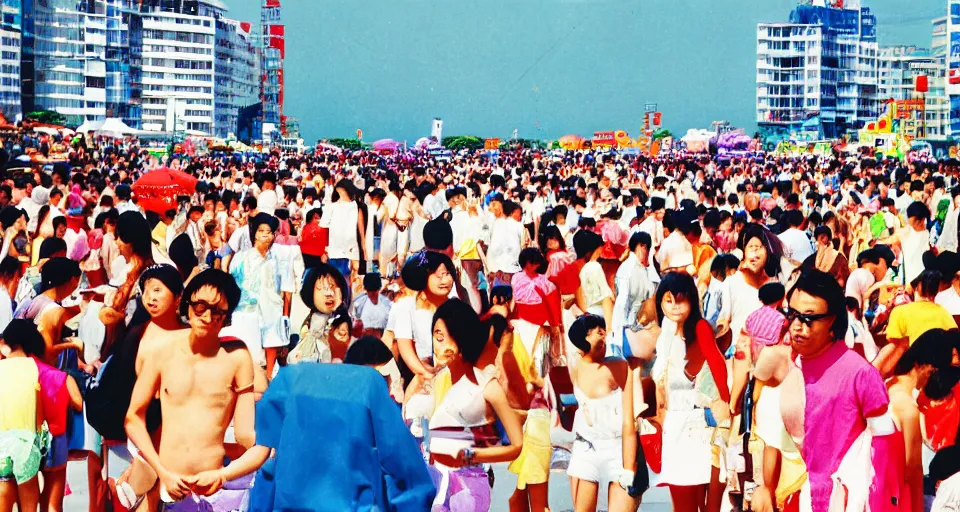 Prompt: 90s Japan, Professional photograph, bright colors, crowded beach, summer.