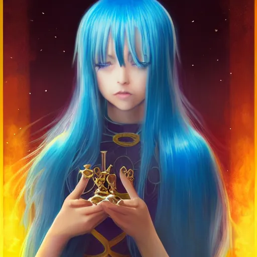 Image similar to rimuru tempest from tensura playing chess, with amber eyes of golden colored eyes, straight hair, sky blue hair, long bangs, high collar, concept art, award winning photography, digital painting, cinematic, wlop, 8 k, by ross tran, tom bagshaw, andy warhol