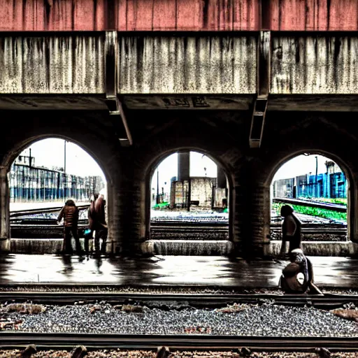 Image similar to poor people life under railway bridge, hyper realistic, best on adobe stock, 3 5 mm lens by steve mccury