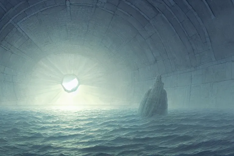 Prompt: intricate, 3 d, reflective dome just under the surface of the ocean, style by caspar david friedrich and wayne barlowe and ted nasmith.