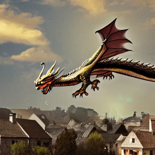 Image similar to dragon flying over village