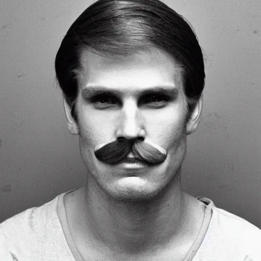 Image similar to A mugshot portrait of a man who looks like Jerma985 with short length wavy hair and a slightly receded hairline and bangs, has a mustache and wearing mid 1980s menswear in the late 1980s, taken in the late 1980s, grainy, realistic, hyperrealistic, very realistic, highly detailed, very detailed, extremely detailed, detailed, trending on artstation, front facing, front view, headshot and bodyshot, detailed face, very detailed face