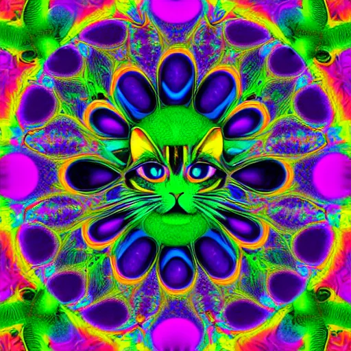 Prompt: existential kitten opart portrait with surreal trippy fractal background by victor moscoso and miyazaki and pascal blanche and amanda sage and harry clarke, highly saturated pink orange green and yellow, ultra wide angle lens distortion extreme perspective, 8 k, artstation