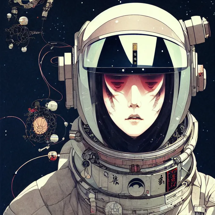 Prompt: a beautiful ukiyo painting of cyberpunk space pilot, wearing space techwear, detailed symmetrical close up portrait, intricate complexity, concept art, by takato yamamoto, wlop, artgem, krenz cushart. cinematic dramatic atmosphere, sharp focus, award winning