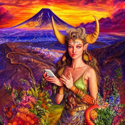 Image similar to painting by senior concept artist josephine wall, horned ram goddess checking her cell phone, erupting volcano and sunset in distance in background, flowers in foreground, fantasy, acrylic on canvas, intricately detailed, highly detailed, high resolution, hdr, 8 k, trending on artstation