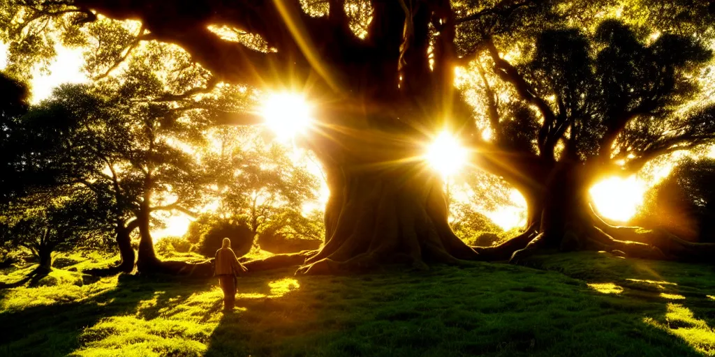 Image similar to magical hobbits shire. big old tree above. golden hours