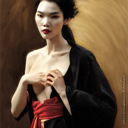 Image similar to detailed cinematic wide shot of beautiful attractive tao okamoto asian vampire woman wearing black bath robe slim face symettrical face clean skin black eyes black robe smooth, sharp focus, ultra realistic, spring light, painting by gaston bussiere, craig mullins, j. c. leyendecker