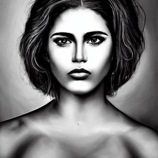 Prompt: god as a woman, black and white painting except her eyes are brown, award winning, beautiful esthetics