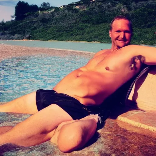 Image similar to photo of a 4 0 year old white man living thinking he's living the best life possible. he looks young for his age. he is dating a young woman, but other women are flocking to him and can be seen dancing around him in a seductive manner.