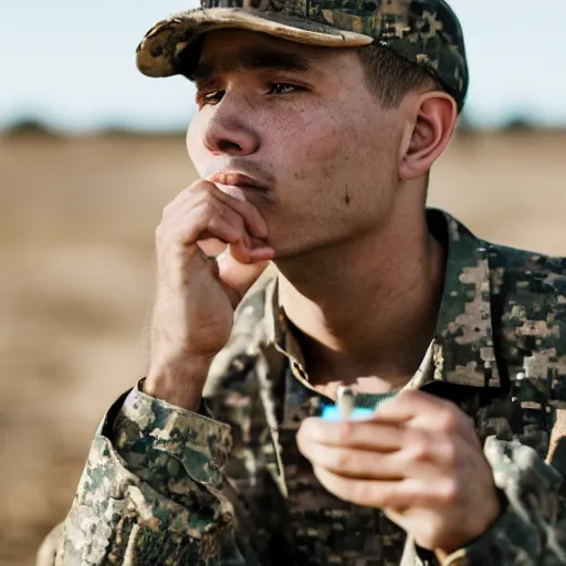 Prompt: portrait of a man wearing camuflage, army clothing, he ‘ s sitting in the desert eating some delicious crayons, beautiful composition, 5 0 mm f 1. 8, ambient light