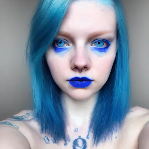 Prompt: a pale girl with piercing blue eyes and dyed blue hair, soft facial features, looking directly at the camera, neutral expression, instagram picture