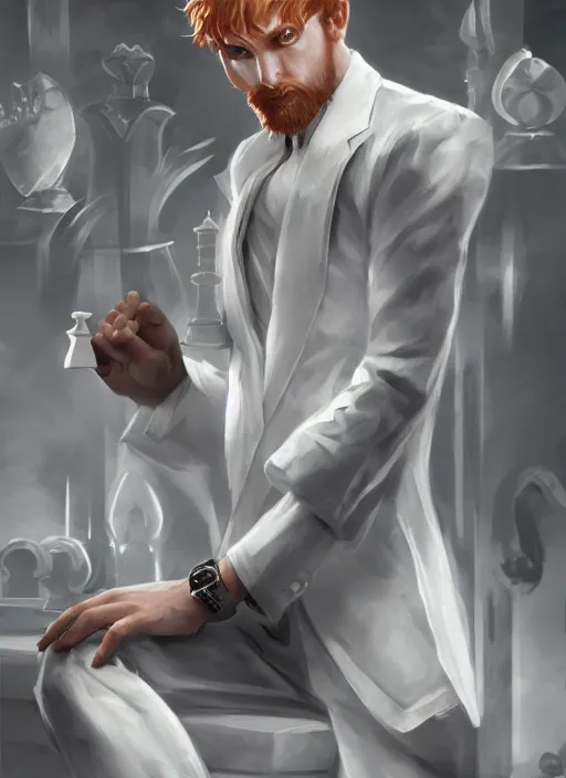 Image similar to a highly detailed illustration of short ginger haired man wearing white suit, dramatic holding chess piece pose, intricate, elegant, highly detailed, centered, digital painting, artstation, concept art, smooth, sharp focus, league of legends concept art, WLOP