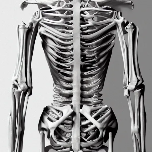 Prompt: beautiful scene of a detailed and intricate design of the back of full woman body wrapped in bones, real, studio shot, dynamic lighting, great finesse organic hyper detailed, engineering blueprints, technical drawings, calculus, stained paper, hyperrealistic, ultra detailed, 4K, octane render, unreal engine