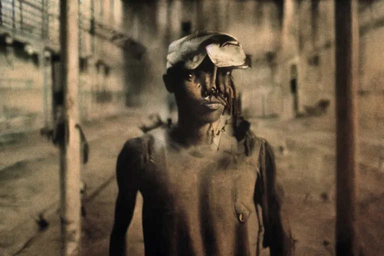 Image similar to a cinematic!! headshot photograph!! of a male, stood in a factory, dirt, film still, cinematic lighting, by bill henson