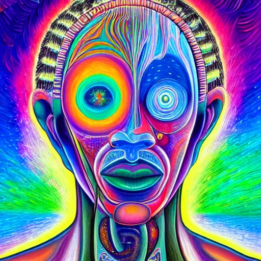 Image similar to painting of a human connecting with the universe in the style of Alex Grey. Colorful, detailed, sharp