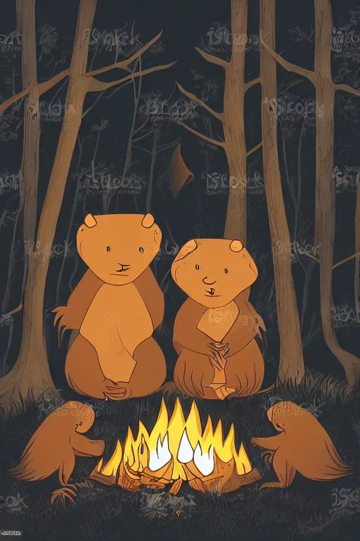 Prompt: an illustration of two evil beavers sitting next to a campfire in a dark forest at night, epid, digital drawing, vector art, beautiful, highly detailed