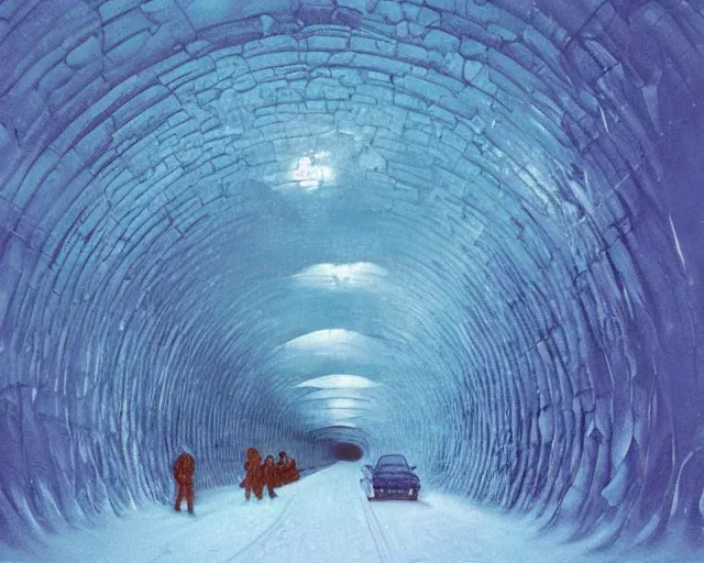 Prompt: An ice tunnel in Alaska, matte painting by Bruce Pennington and Moebius