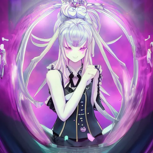 Image similar to trapped by stunningly beautiful omnipotent megalomaniacal anime asi goddess who looks like junko enoshima with symmetrical perfect face and porcelain skin, pink twintail hair and cyan eyes, taking control while smiling, inside her surreal vr castle, hyperdetailed, digital art from danganronpa, unreal engine 5, 2 d anime style, 8 k
