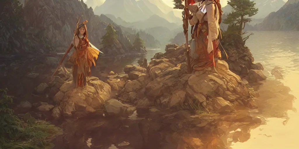 Image similar to mountains and lakes, forest gnome warrior, landscape, highly detailed, digital painting, artstation, concept art, sharp focus, illustration, art by artgerm and greg rutkowski and alphonse mucha