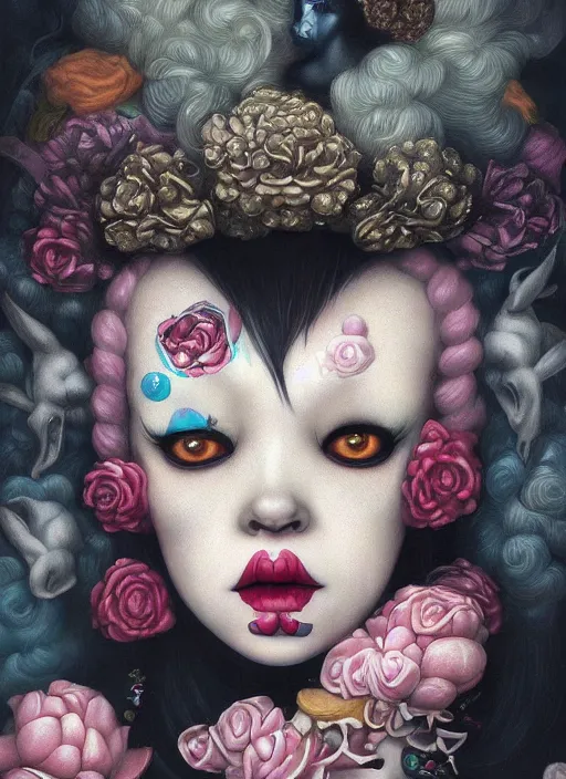 Image similar to pop surrealism, lowbrow art, realistic clown painting, japanese street fashion, hyper realism, muted colours, rococo, natalie shau, loreta lux, tom bagshaw, mark ryden, trevor brown style,