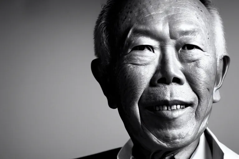 Prompt: black and white portrait photo of lee kuan yew, slight smile, natural light, low contrast, photo by Peter Lindbergh, 8K