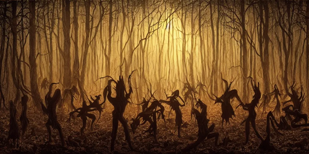 Image similar to masterpiece demons, vampires and witches dancing in the scary woods at dusk, by jeffrey smith and stanley donwood. volumetric lighting, photorealistic, intricate, trending on artstation 8 k
