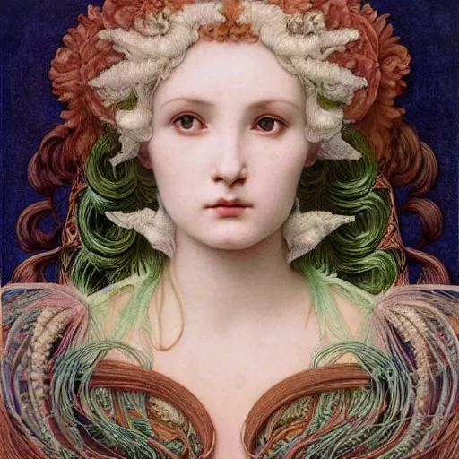 Image similar to hyperrealistic detailed portrait of ivory beautiful demonic witch, art by ernst haeckel, john william godward, hammershøi, alphons mucha, pontormo, ornamental, decorative, art nouveau pattern, deep pastel colors,